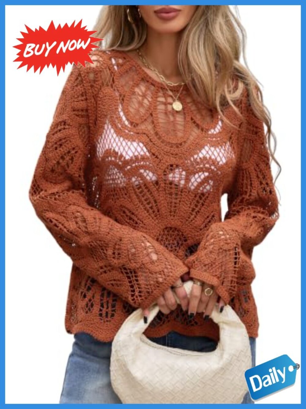 Womens Crochet Knit Long Sleeve Boho Pullover Top 100% Cotton Sheer Cover Up